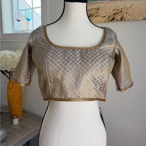 Gold Brocade Sari Blouse (Choli) – Structured Crop Top – Purchased in India